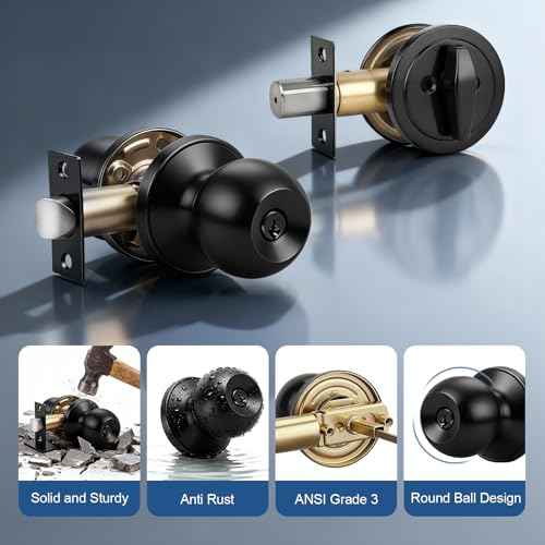 Knobonly Keyed Alike Exterior Door Knob, Round Outdoor Lock with One Sided Deadbolt, Stainless Steel, Matte Black Door Knobs, Black Door Handle Sets, 4 Pack
