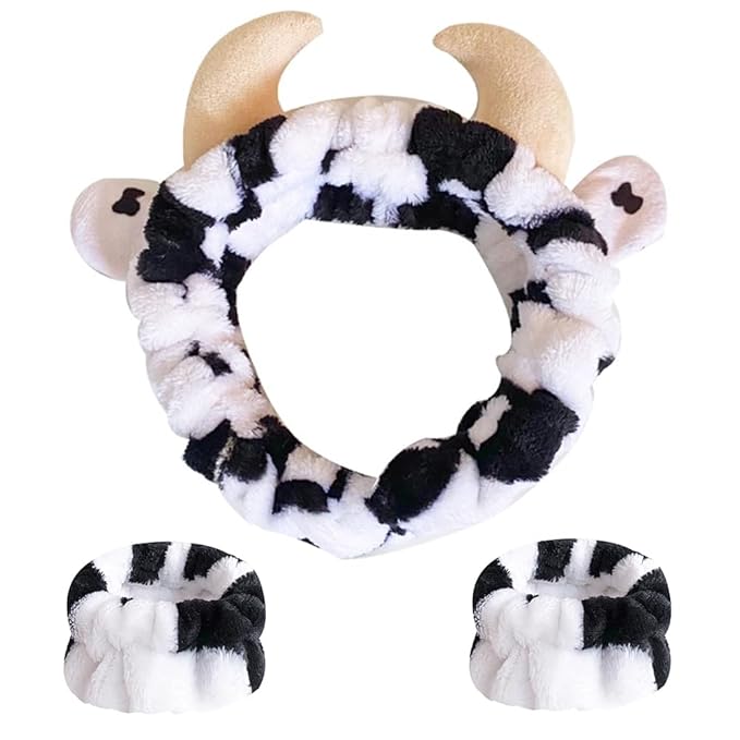 AHONEY Cow Ears Headband Cow Print Skincare Headbands and Wristbands, Cute Spa Wrist Band Fluffy Hand Cuffs Women Facial Makeup Accessories Costume Party Stuff Birthday Gift