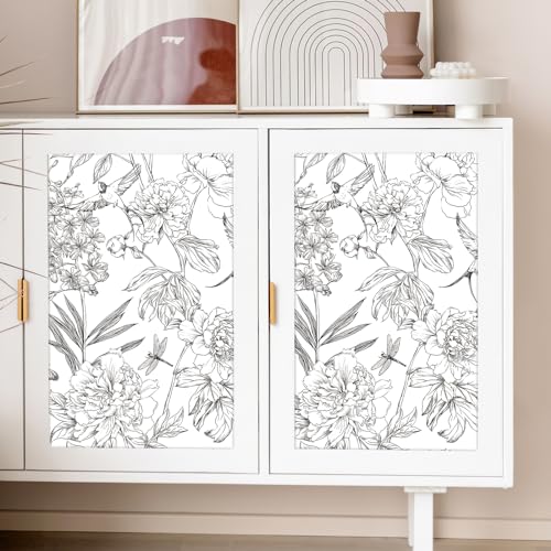 Jiffdiff White and Black Wallpaper Peel and Stick Sketched Peony Floral, Waterproof Removable Self Adhesive Wall Paper with Botanical, Bird and Butterfly for Bedroom and Bathroom 120"X17.3"(14.4sq.ft)
