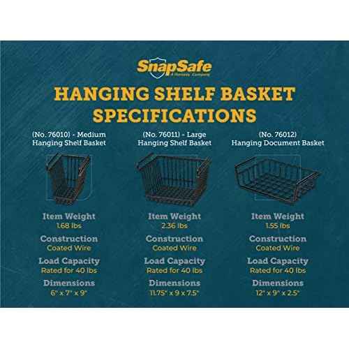 SnapSafe Hanging Shelf Document Basket, 76012 - Coated Wire Basket Maximizes Storage for Documents, Gun Accessories, & Ammo - Easy Access Under Shelf Storage for Gun Safes - Holds Up to 40 Pounds