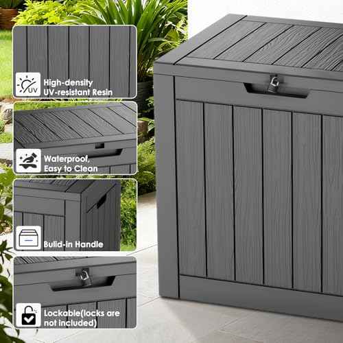 30-Gallon Outdoor Deck Box with Wood-Grain Finish, UV Resistant Waterproof Storage Container with Lock, Storage Box for Camping, Garden & Backyard, Multi-Functional Seat and Table, Black