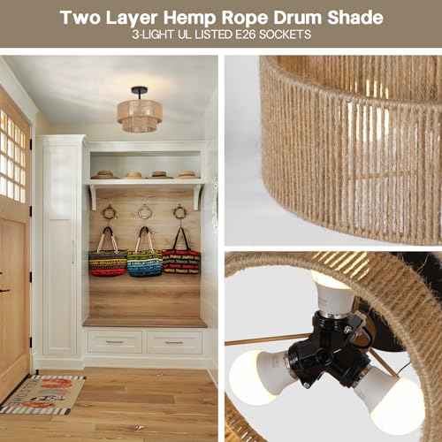 12.6'' Boho Light Fixtures Ceiling Mount, Coastal Hemp rope Semi Flush Mount Ceiling Light Fixture,3-Light Rustic Rattan Ceiling Light With 2-Tier Drum Shade, Nursery Light Fixture Bedroom Chandelier