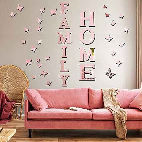 Outus 3D Family Home Sign Letters Living Room Decor Family Rustic Farmhouse Wall Decor Acrylic Mirror Decorative Butterfly Mirror Wall Sticker Decals for Living Room Bedroom Kitchen (Rose Gold)