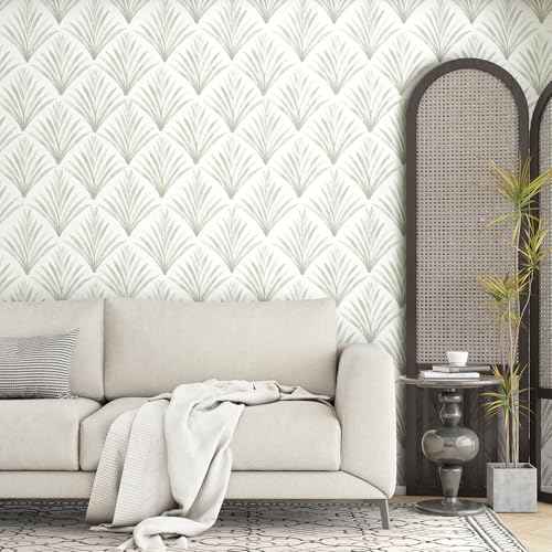 Modern Peel and Stick Wallpaper Geometric 17.3''¡¿78.8'' Leaf Wall Paper Light Green/White Wallpapers Boho Self Adhesive Removable Wallpaper Bedroom Contact Paper for Cabinets and Drawers Decor Vinyl