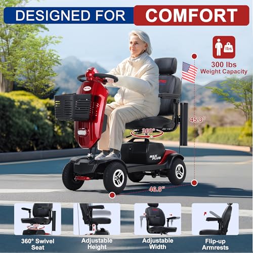 Metro Mobility Powered Mobility Scooters, 4 Wheel Mobility Scooters for Adults, 300 lbs Capacity Folding Mobility Scooter Lightweight, 16 Miles Long Travel Range Scooter with USB Charger Port Red