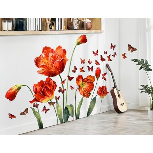 LiveGallery Large Pink Red Flowers Wall Stickers Removable Floral and Butterfly Wall Decal DIY Tulips and Green Leaf Vine Wall Decor for Kids Teens Girls Women Bedroom Nursery Living Room Decoration