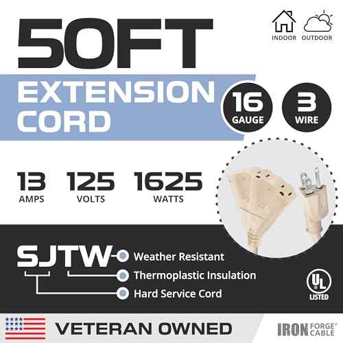 Iron Forge Cable Weatherproof 50 Ft Outdoor Extension Cord - 3 Outlet 16/3 SJTW Heavy Duty Light Brown Extension Cord 3 Prong - 13 Amp Power Cable
