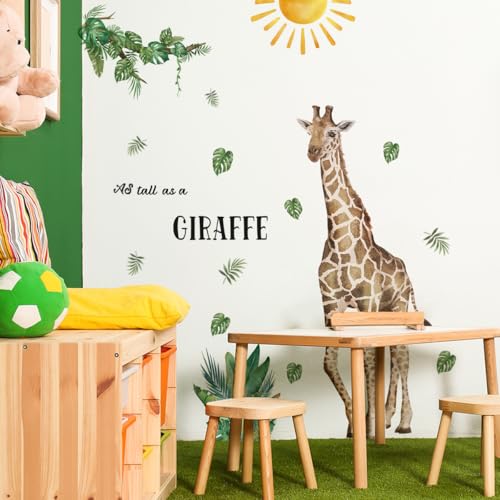 Large Giraffe Wall Decals Boho Sun Tropical Green Leaves As Tall As a Giraffe Wall Stickers for Boys Bedroom Toddler Room Nursery Daycare Classroom Wall Decor