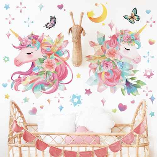 Runtoo Unicorn Wall Decals Pink Rainbow Wall Stickers for Girls Bedroom Baby Nursery Kids Room Birthday Party Decor Gifts