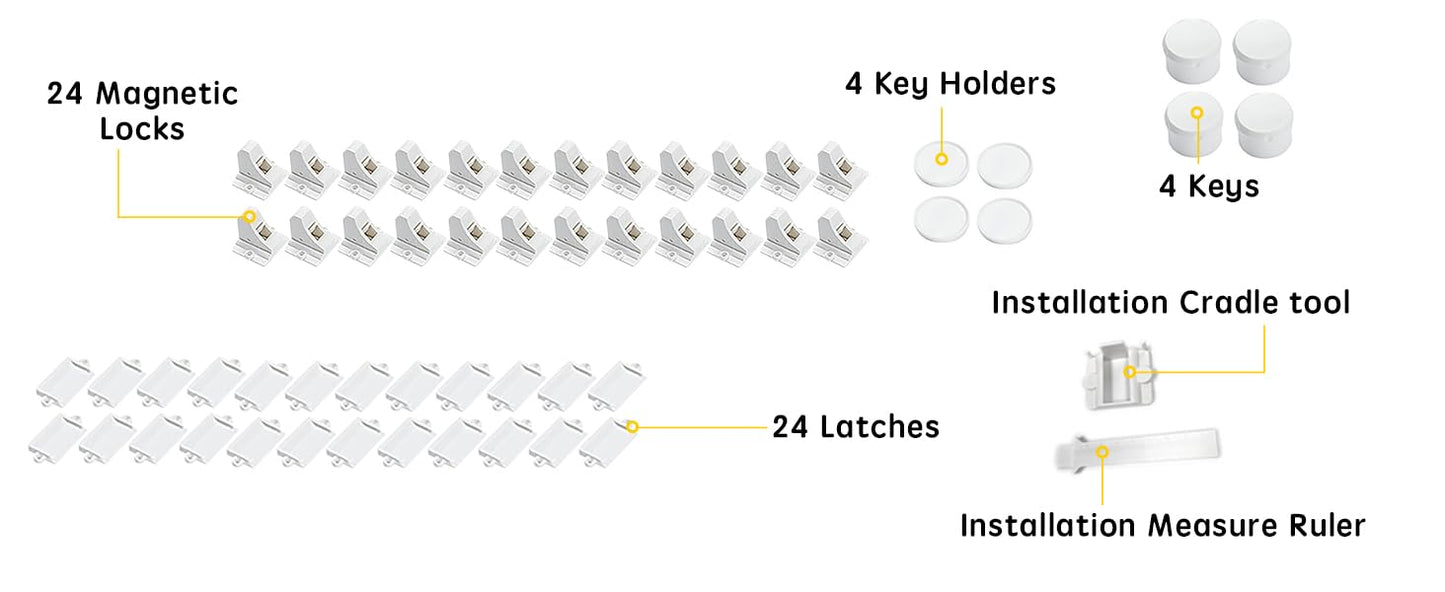 Vmaisi Adhesive Magnetic Locks for Cabinets & Drawers (24 Pack and 4 Keys + Cradle)