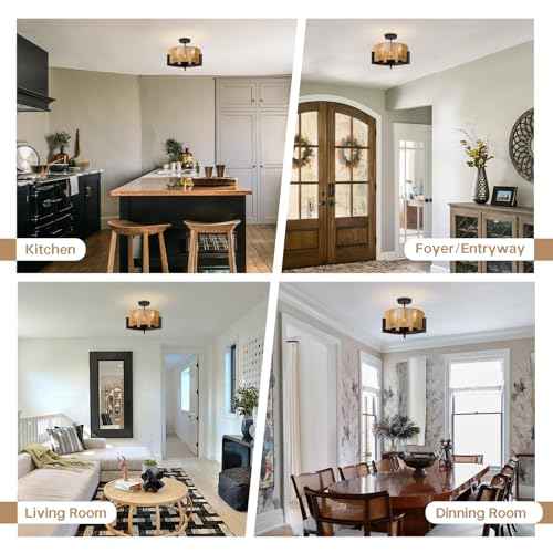 Boho Light Fixture,13.6'' Rattan Ceiling Lights,3-Light Coastal Semi Flush Mount Ceiling Light Fixture,Farmhouse Chandelier, Nursery Light Fixtures,Flush Mount Lights for Bedroom Entryway