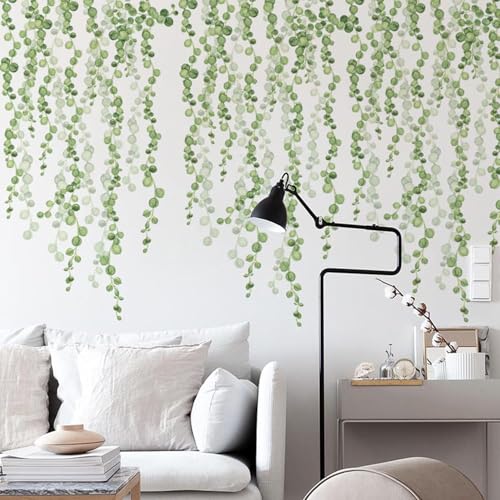 Hanging Vine Wall Decals, Green Leaves Design, 39.2x22 Inch, 2-Piece Set for Living Room and Bedroom