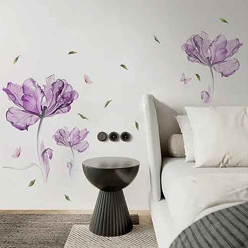 Runtoo Purple Flower Wall Decals Poppy Floral Wall Art Stickers for Girls Bedroom Living Room Bathroom Office TV Background Decor