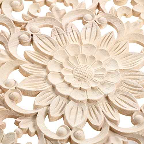 MUXSAM Round Wood Carved Onlays Appliques, Unpainted Clear Carved Wooden Carvings Center Decals for Closet Door Cabinet Drawer Wall Ceilling Dresser Wardrobe Furniture DIY Decor(2-Pack, 10cm/3.9")
