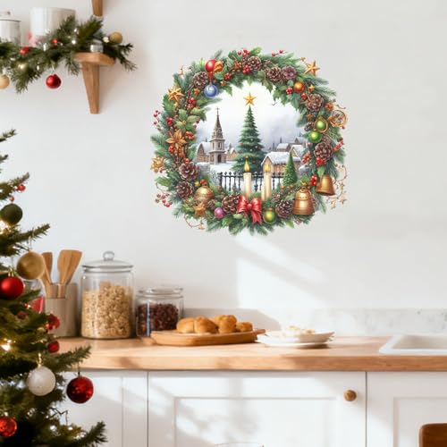 Christmas Wreath Wall Decal ? Classic Holiday Candle & Church Scene Sticker with Bells, Pinecones & Ornaments, Removable Vinyl Winter Wall Decor for Living Room, Window, Fireplace & Door Decoration