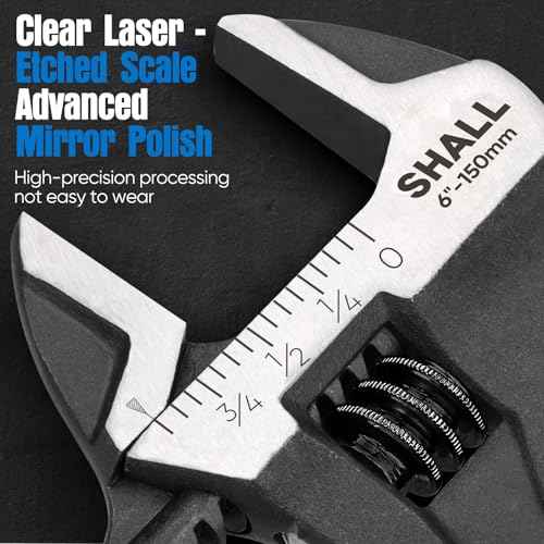 SHALL 6 Inch Adjustable Wrench, Cr-V Steel Spanner with Cushion Grip, Wide Jaw Black Oxide Wrench with Laser-etched SAE Scales for Home, Garage, Workshop and DIY