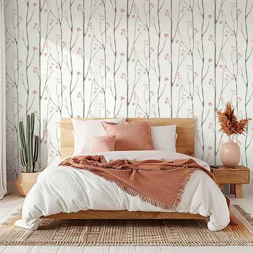 Timeet Floral Wallpaper White and Pink Wall Paper Peel and Stick Modern Contact Paper Removable Self-Adhesive Bedroom Bathroom 16" x 78.7"