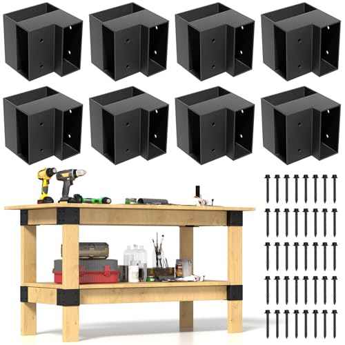 Set of 8 Heavy Duty Workbench Bracket Kit ? 3-Way Right Angle Steel Corner Brackets with Screws for 2x4 (Actual 1.5"x3.5") Wood, Ideal for DIY Garage Workbench, Table Legs, Shelving, and Work Table.