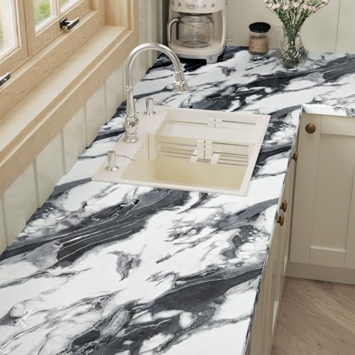 VaryPaper Modern Black and White Marble Contact Paper Kitchen Countertop Peel and Stick Marble Wallpaper for Bathroom Waterproof Self Adhesive Removable Granite Vinyl Wrap for Table Desk 15.7''x78.7''