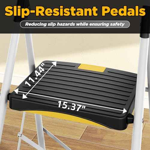 3 Step Ladder, Folding Steel Step Stool with Safety Lock, Anti-Slip Wide Pedals, Pass 800lbs Load Testing, Handrail, Heavy Duty Portable Ladder for Multi-Purpose, Indoor, Office, Kitchen