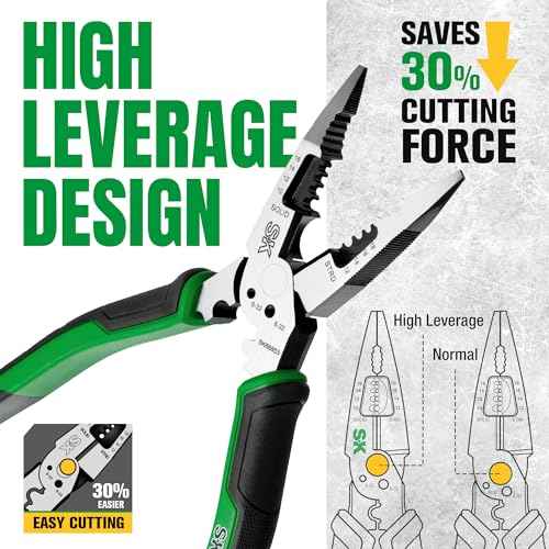 SK 8-Inch Multi-use Long Nose Pliers, Needle Nose Pliers, 7 IN 1, Premium CR-V Steel Construction, Ergonomic Anti-slip Handle for Comfortable Grip