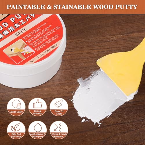 Wood Filler Putty, White Wood Putty Filler Paintable, Stainable, Sandable, 7 Ounce Furniture Repair Kit, Quickly Repair Holes, Cracks, Chips and Scorched Areas of Wooden Furniture Floor,Easy to Use