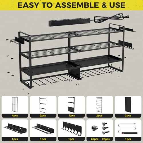 1 Pack Power Tool Organizer Wall Mount with 8 Outlet Power Strip, 4-layer Heavy-duty Metal Tool Storage Rack, Maximum Load of 400lbs, Garage Organization with 4 Racks and 8 Cordless Drills