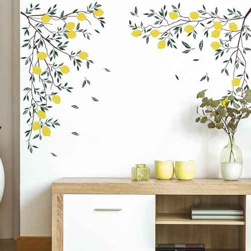 Supzone Lemon Tree Branch Wall Decals Green Leaves Wall Stickers DIY Vinyl Art Stickers for Bedroom Living Room Office Sofa Backdrop TV Decoration
