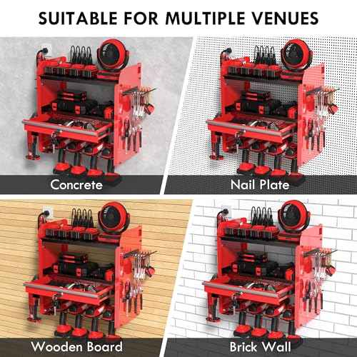 KSVO Power Tool Organizer Wall Mount with Drill Rack & Locking Drawers - Heavy Duty Metal Tool Shelf for Garage, Workshop, Shed, Basement Tool Organization - Gift for Men/Father (Red)