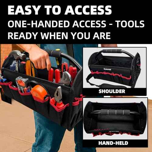 16 inch tool bag, foldable open top tool bag, 1680D waterproof and wear-resistant, 26 pockets to hold various tools, wide mouth electrician tool tote bag, steel handle and adjustable shoulder strap