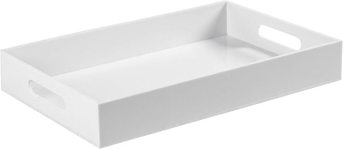 Sooyee Serving Tray with Handles, 16" x 12" Decorative Acrylic Tray for Breakfast, Tea, Food, Butler, Coffee Table, Ottoman, Vanity, Countertop, White