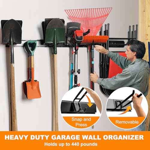 Garden Tool Organizer - Garage Storage Organization Wall Mount 48 Inches, 440lbs Adjustable Heavy Duty Metal Hooks,Yard Shed Organizer Rack Holder System Hanging Rake Broom Mop with 6 Adjustable Hooks