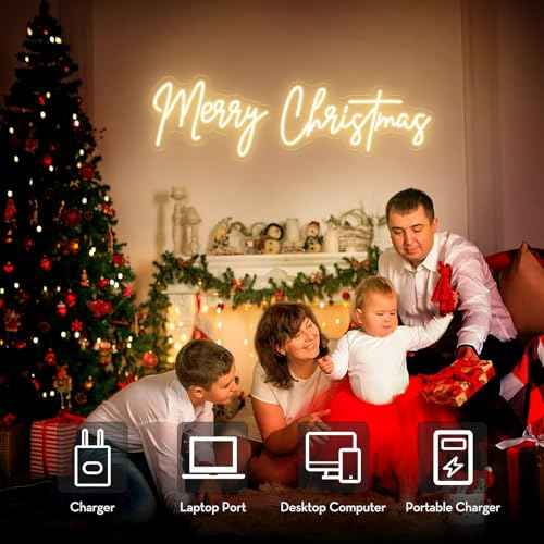 26 Inches Large Merry Christmas Neon Sign, Warm White Acrylic Neon Signs for Wall Decor, USB Powered Dimmable LED Lights for Bedroom Window Xmas Eve New Year Party Decor
