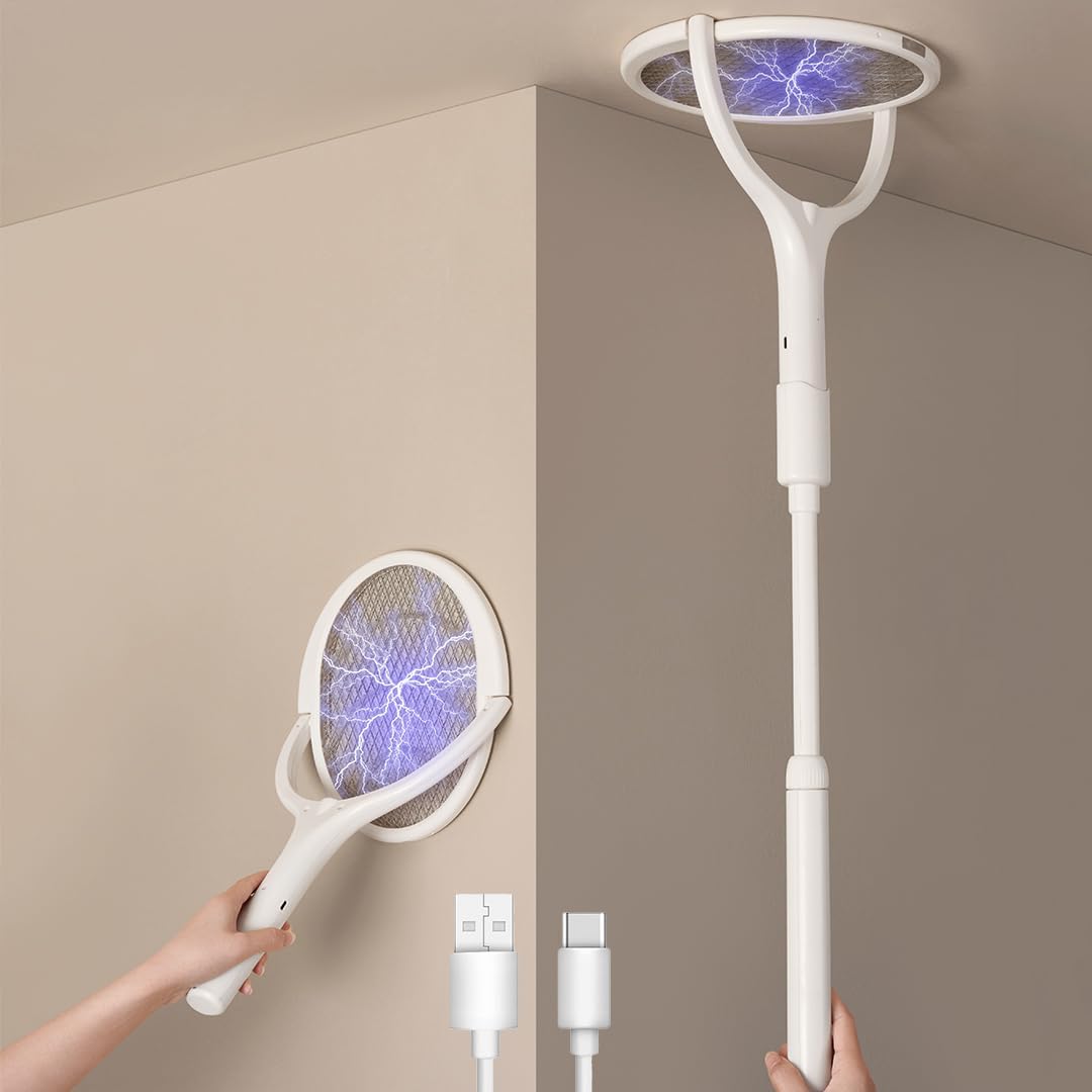 GeckoMan Rotating Head Electric Fly Swatter Racket Rechargeable Bug Zapper Racket Bug Zapper Indoor Fly Zapper Mosquito Zapper Flies Killer for Indoors, with a Telescopic Extension