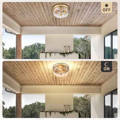 Gold Flush Mount Ceiling Light, 2-Light Hallway Light Fixtures, Modern Farmhouse Farmhouse Ceiling Light Clear Glass Brushed Gold Finish for Kitchen Porch Entryway