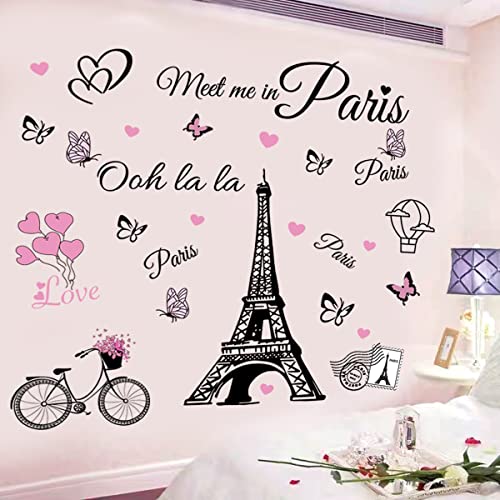 Paris Wall Stickers Eiffel Tower Vinyl Decals Removable Self-Adhesive Balloon Stickers Wall Decal for Girls Bedroom Living Room Sofa Backdrop TV Background