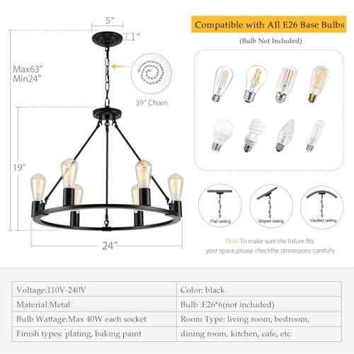 Black Chandelier, 6-Light Dining Room Light Fixture, Round Farmhouse Wagon Wheel Chandeliers for Dining Room Living Room Entryway Kitchen Island Dia 24"