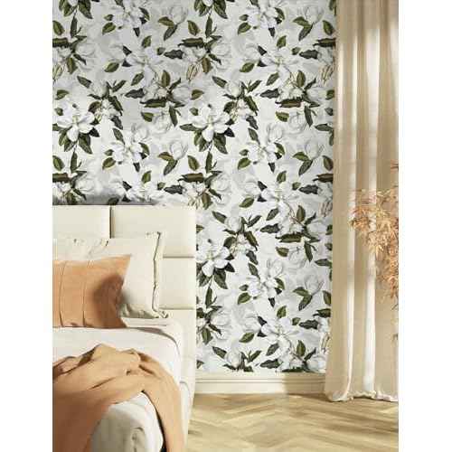 HAOKHOME Peel and Stick Gardenia Floral Wallpaper Removable Off White/Grey/Green Vinyl Self Adhesive Mural 17.7in x 9.8ft