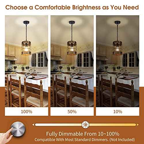 Rustic Pendant Light Fixtures, Farmhouse Kitchen Wood Hanging Lighting, Industrial Round Cage Chandelier for Entryway Hallway Dining Room Bedroom Foyer