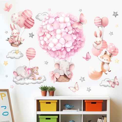 Animals Hot Air Balloon Wall Stickers - Elephant Bear Fox Wall Decals - Girls Bedroom Baby Nursery Kids Room Wall Decor