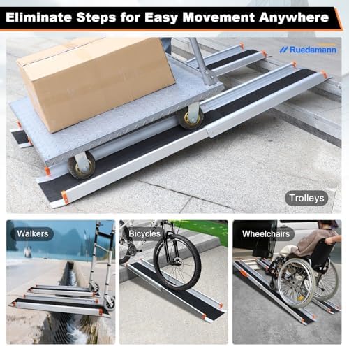 Ruedamann Portable Wheelchair Ramp, 8FT Adjustable Aluminum Ramp for Home, 600lbs Capacity,Telescoping Non-Skid Surface Wheel Chair Ramp for Home, Stairs, Steps