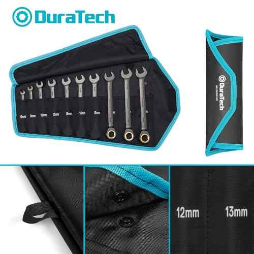 DURATECH Anti-Slip Ratcheting Wrench Set, Combination Wrench Set, 10-Piece, Metric 6-18mm, 72-Tooth, Nickel Plating, CR-V Steel, with Pouch
