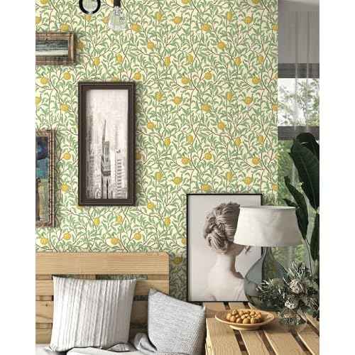 Lemon Wallpaper Leaf Peel and Stick Wallpaper Beige and Green 17.3"X78.8" Self Adhesive Wall Paper Removable Decorative Wallpapers Boho Contact Paper for Bedroom Bathroom Cabinets Decor Vinyl Roll