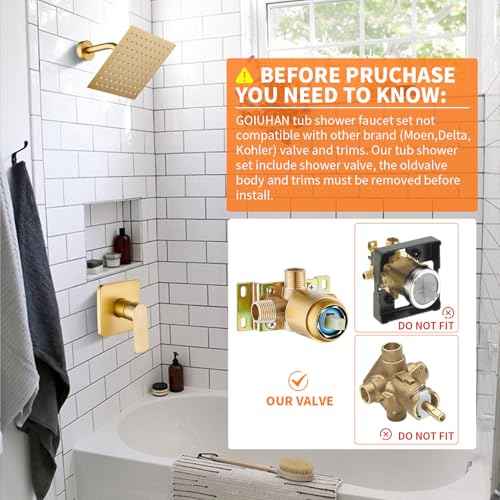 Brushed Gold Shower Faucet Single Function Trim Kit with Rough-in Valve Set Bath Rainfall Shower System 8inch Square Stainless Steel Metal Shower Head