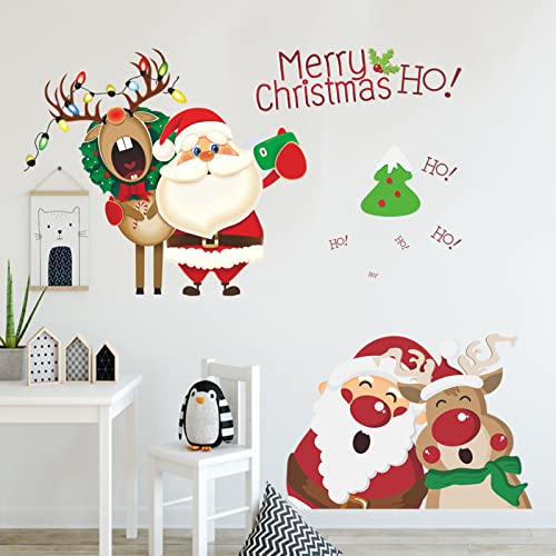 Santa Claus Wall Decals Merry Christmas Stickers Decorations, Lovely Santa Claus Reindeer Decor Posters Removable Vinyl Art Murals Xmas Party Supplies