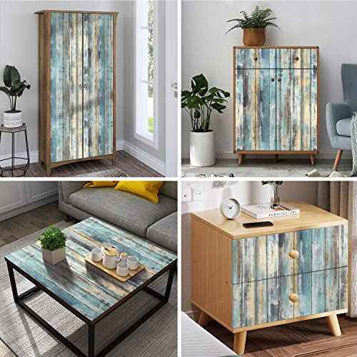 Wood Contact Paper 15.7"x118" Self-Adhesive and Removable Wood Wallpaper Peel and Stick, Blue Distressed Wood Grain Contact Paper for Cabinets Waterproof Stick on Wall Paper