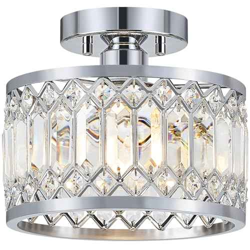 Crystal Ceiling Light Fixture, Modern Semi Flush Mount Ceiling Light, Chrome Lighting Fixtures Ceiling Lamp for Hallway, Kitchen, Entryway, Bedroom, Laundry Room, 9.05 Inch