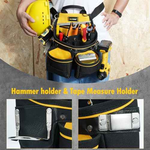 MELOTOUGH Carpenter Tool Pouch with 10 Pockets,Electrician,Framer Belt Bag,with Belt Clip£¬Tool Belt Pouch with Hammer Holder for Roofers,Constructors,Handyman,Electrician