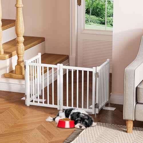 Snughome Dog Gate Indoor, 16" High Freestanding Dog Door Gates with Support Feet, Expands Up to 48¡¯¡¯ Wide Foldable Pet Gates for Doorways Hallways, 4 Panel Folding Pet Door Pet Fence for Puppy, White