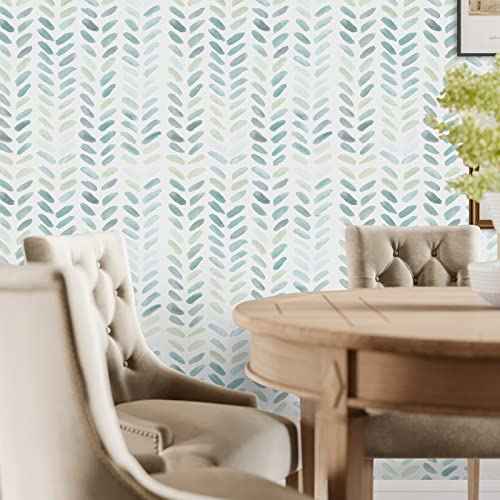 Sevalo Green and White Wallpaper Peel and Stick Wallpaper Boho17.3inW 591inL Contact Paper for Cabinets Green Herringbone Contact Paper Self-Adhesive Removable Bedroom Bathroom Waterproof Teal Kids